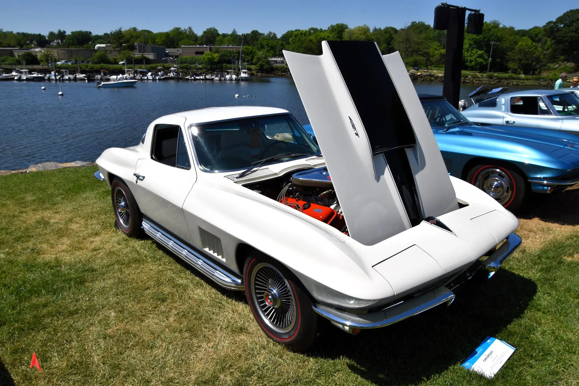 A white 1967 Corvette coupe on the grass at a waterside car show, seen from the front right with its hood raised, showing a black stripe on the hood, an orange 427 V8, five angled fender vents, side exhaust covers and finned aluminum wheels on red-stripe tires.