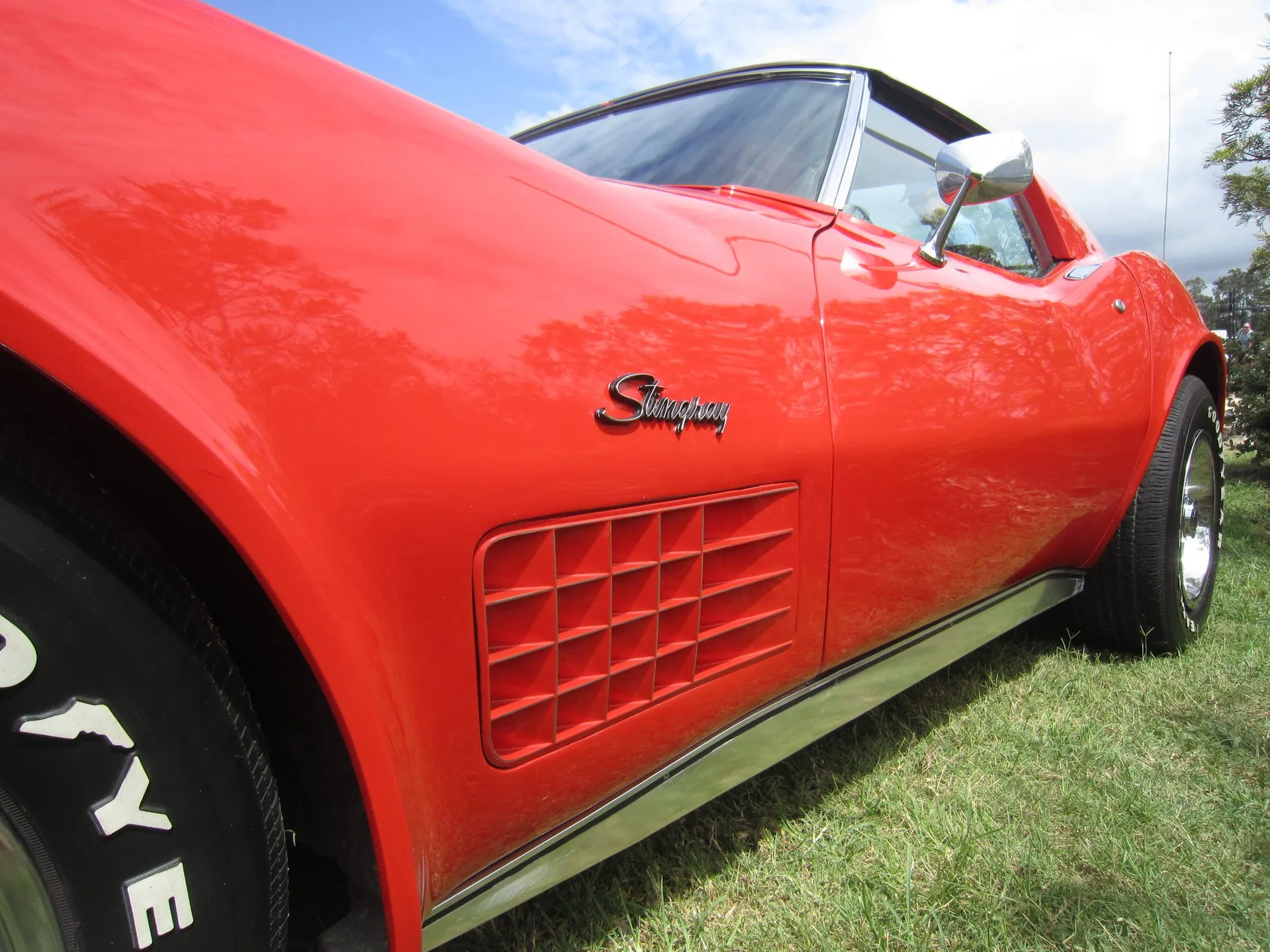 Close-up of the left side of a red C3 Corvette coupe on grass: a chrome Stingray script above an egg-crate louver behind the front wheel, with the door, a chrome mirror and the rocker trim beyond.