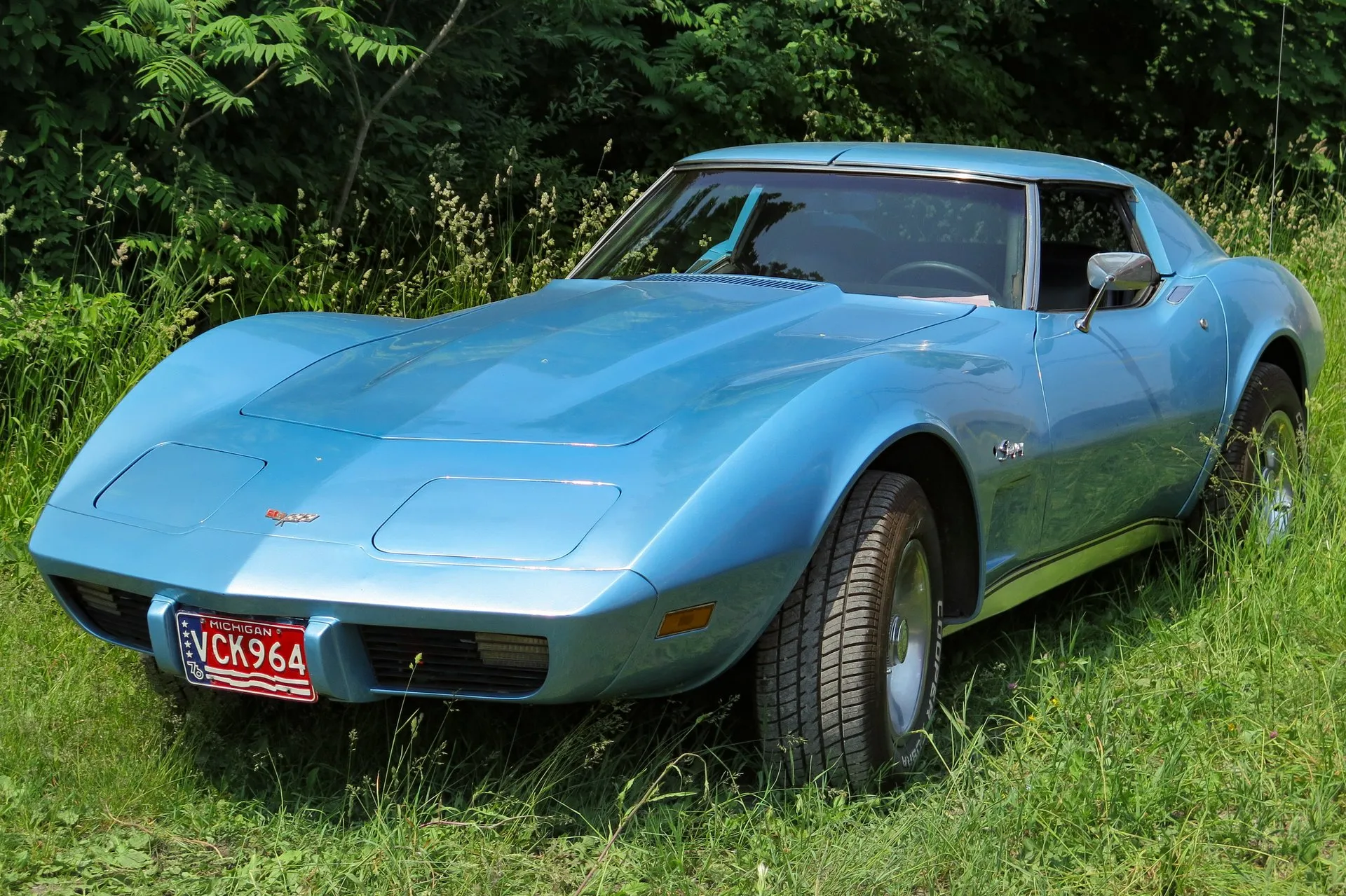 A light blue C3 Corvette coupe parked in tall grass, seen from the front and side, with Stingray script on the front fender, the grille at the back of the hood and a red, white and blue Michigan license plate.