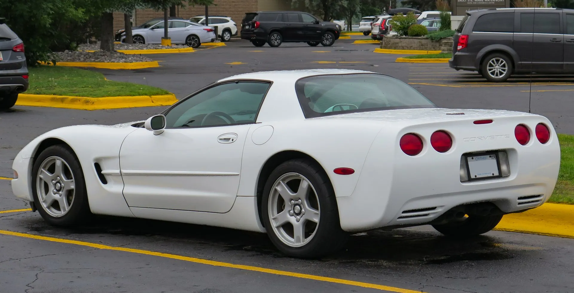 White C5 Corvette hardtop seen from the left rear in a parking lot, showing the fixed roof, the steep rear glass over a trunk lid, four round taillights, silver five-spoke wheels and a thin radio mast at the right rear.