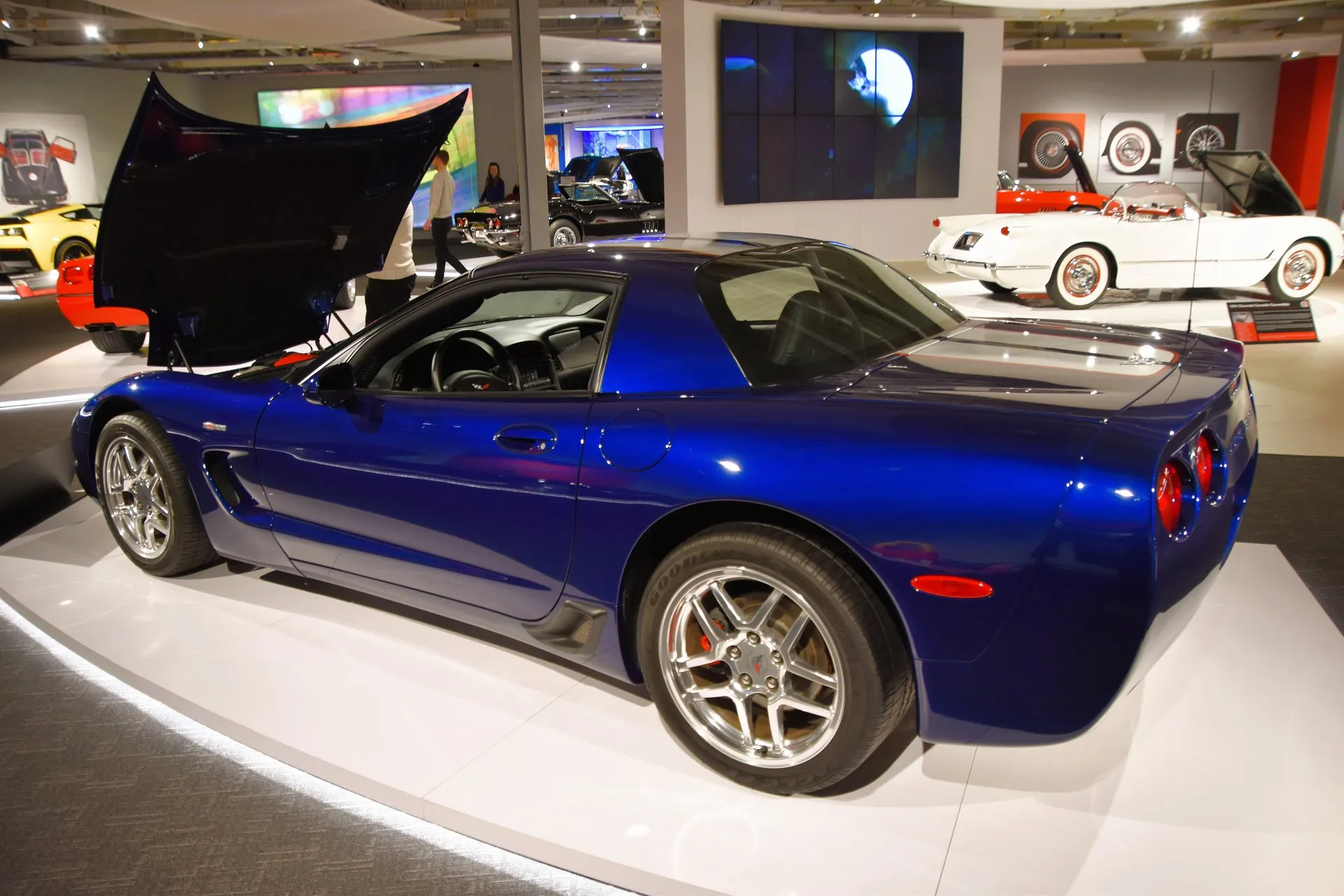 Le Mans Blue 2004 Corvette Z06 Commemorative Edition on a white museum platform, seen from the rear left with its hood raised, a silver stripe edged in red on the rear deck and polished Z06 wheels, with other Corvettes on display behind.